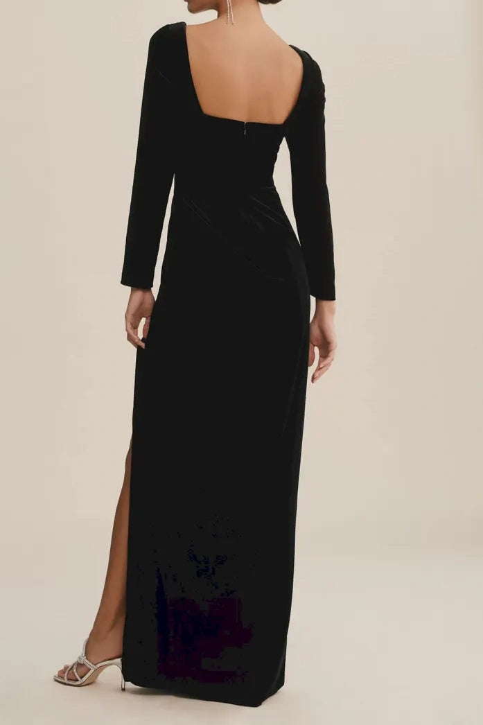 Square Long Sleeves Fitted Velvet Dress With Slit