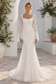 Square Long Sleeves Mermaid Lace Empire Wedding Dress With Train