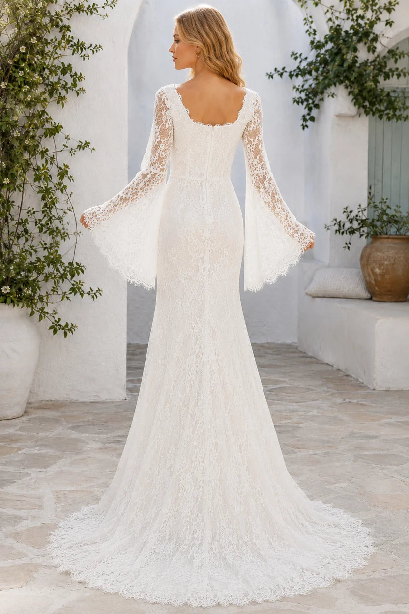 Square Long Sleeves Mermaid Lace Empire Wedding Dress With Train
