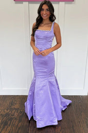 Square Open Back With Pearls Satin Mermaid Party Prom Dress