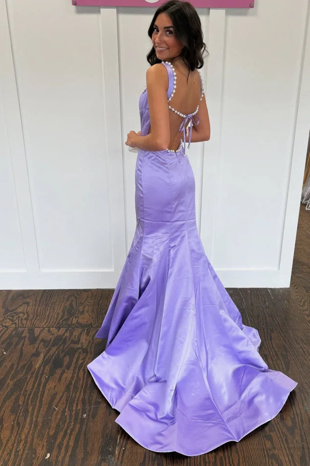 Square Open Back With Pearls Satin Mermaid Party Prom Dress