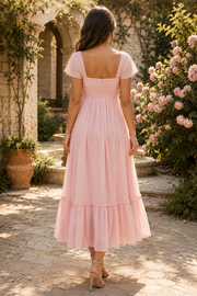 Square Ruffle Straps A-Line Chiffon Pink Long Sweet Bridesmaid Dress