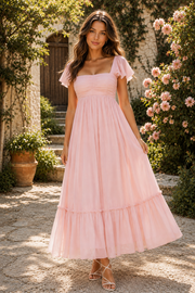 Square Ruffle Straps A-Line Chiffon Pink Long Sweet Bridesmaid Dress