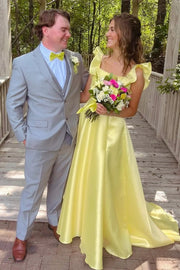 Square Ruffle Straps Satin A-Line Party Prom Dress With Train