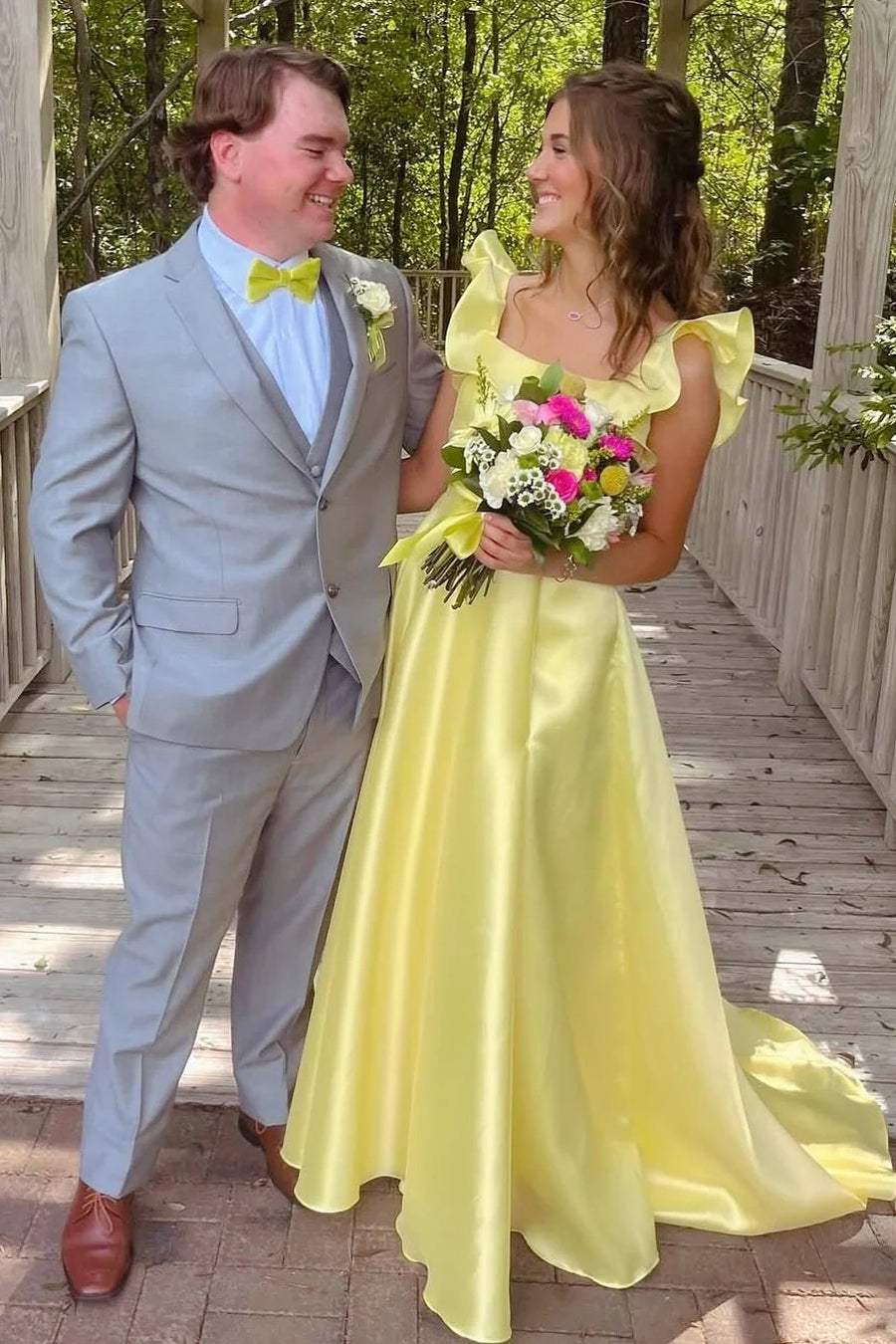 Square Ruffle Straps Satin A-Line Party Prom Dress With Train