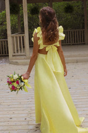 Square Ruffle Straps Satin A-Line Party Prom Dress With Train