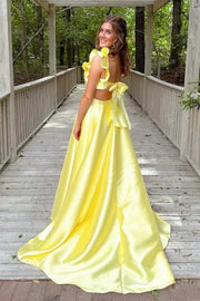 Square Ruffle Straps Satin A-Line Party Prom Dress With Train