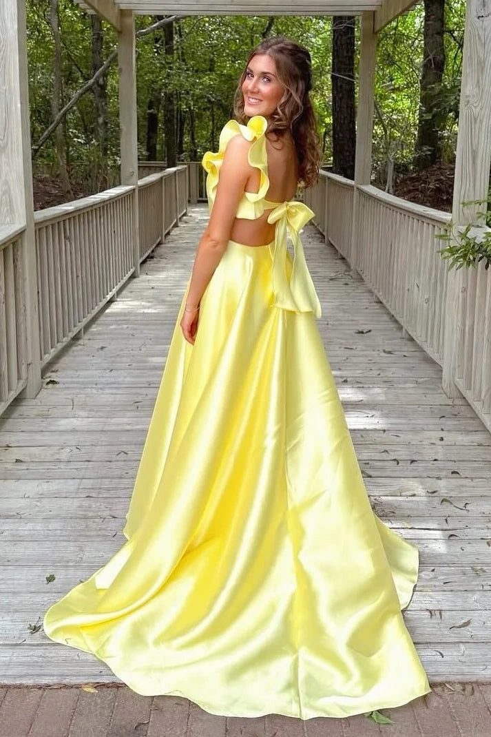 Square Ruffle Straps Satin A-Line Party Prom Dress With Train