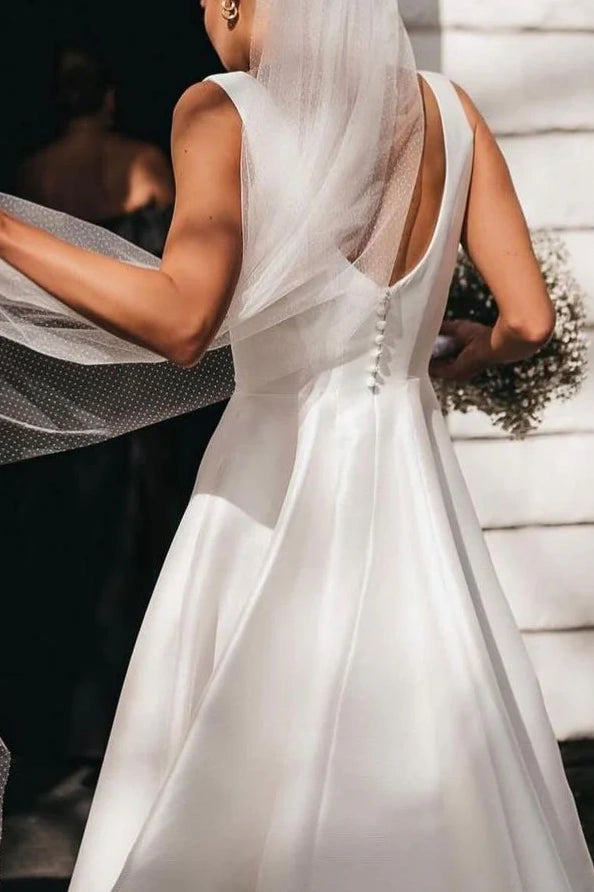 Square Satin A-Line Empire Sleeveless Long Wedding Dress White / US 14