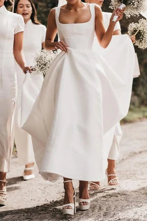 Square Satin A-Line Empire Sleeveless Long Wedding Dress Ivory / US 14