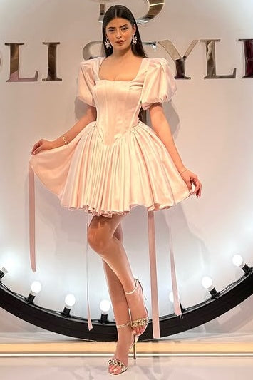 Square Short Sleeves Satin A-Line Homecoming Dress