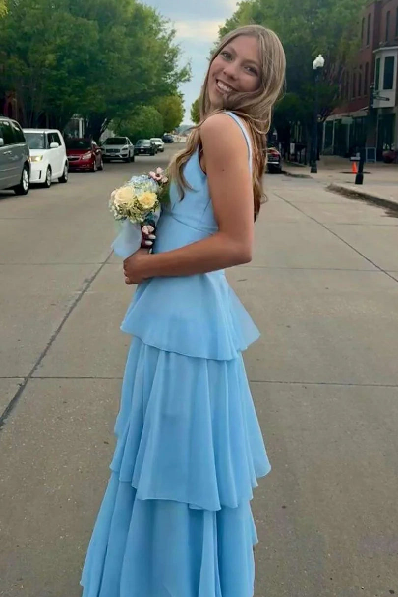 Square Sleeveless A-Line Empire Tiered Chiffon Party Prom Dress