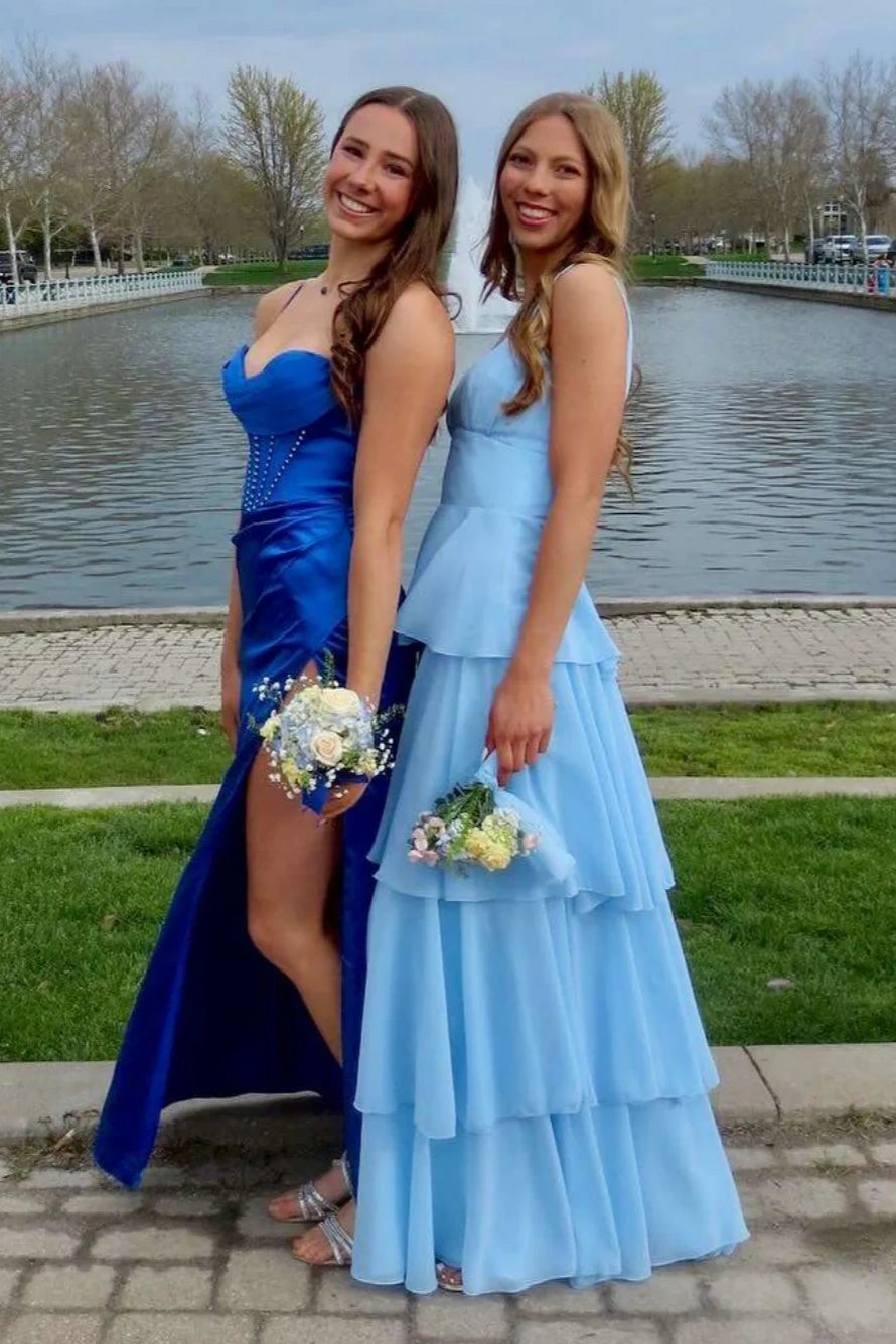 Square Sleeveless A-Line Empire Tiered Chiffon Party Prom Dress