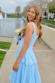 Square Sleeveless A-Line Empire Tiered Chiffon Party Prom Dress