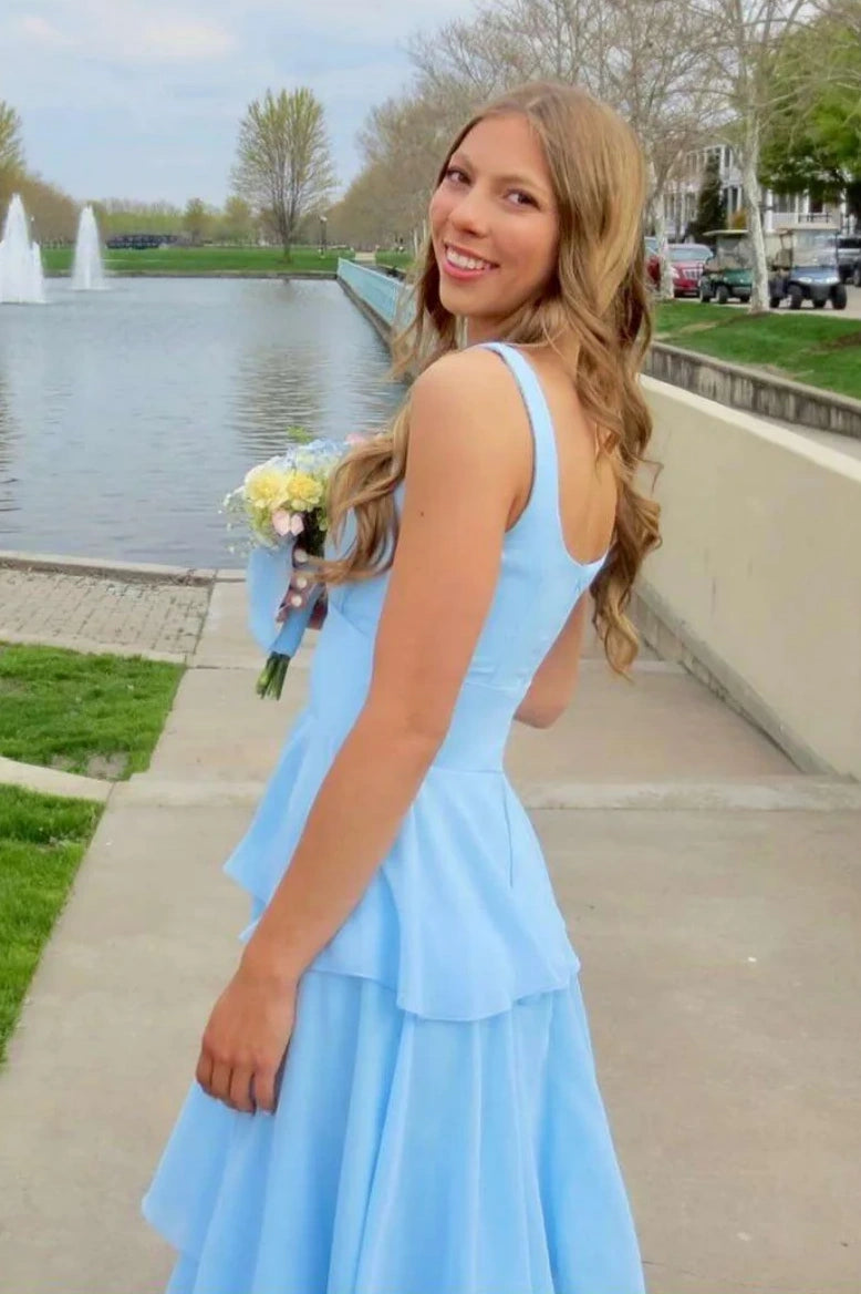 Square Sleeveless A-Line Empire Tiered Chiffon Party Prom Dress