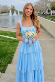 Square Sleeveless A-Line Empire Tiered Chiffon Party Prom Dress