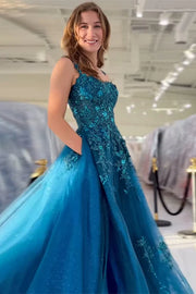 Square Sleeveless A-Line Lace Prom Dress With Pockets