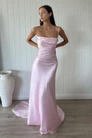 Square Sleeveless A-Line Satin Long Party Prom Dress With Train