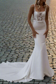 Square Sleeveless Appliques Empire Mermaid Wedding Dress