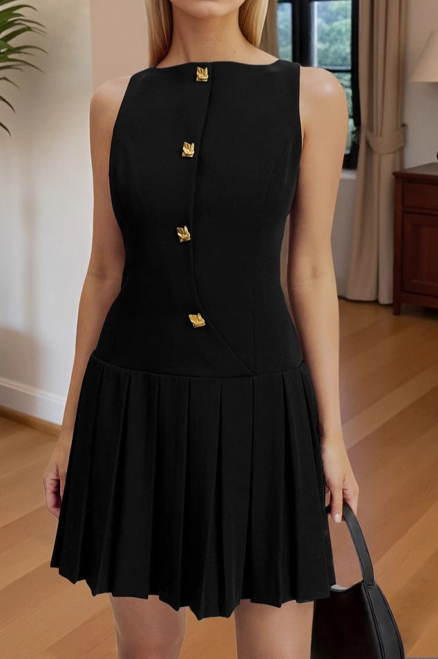 Square Sleeveless Empire A-Line Pleated Short Cocktail Party Dress