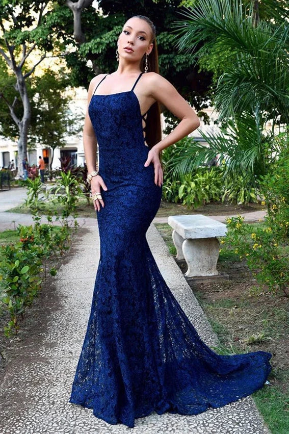Square Sleeveless Fully Lace Mermaid Party Prom Dress With Train