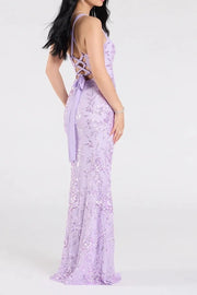 Square Sleeveless Lace Up Lace Appliques Long Party Prom Dress