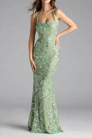 Square Sleeveless Lace Up Lace Appliques Long Party Prom Dress