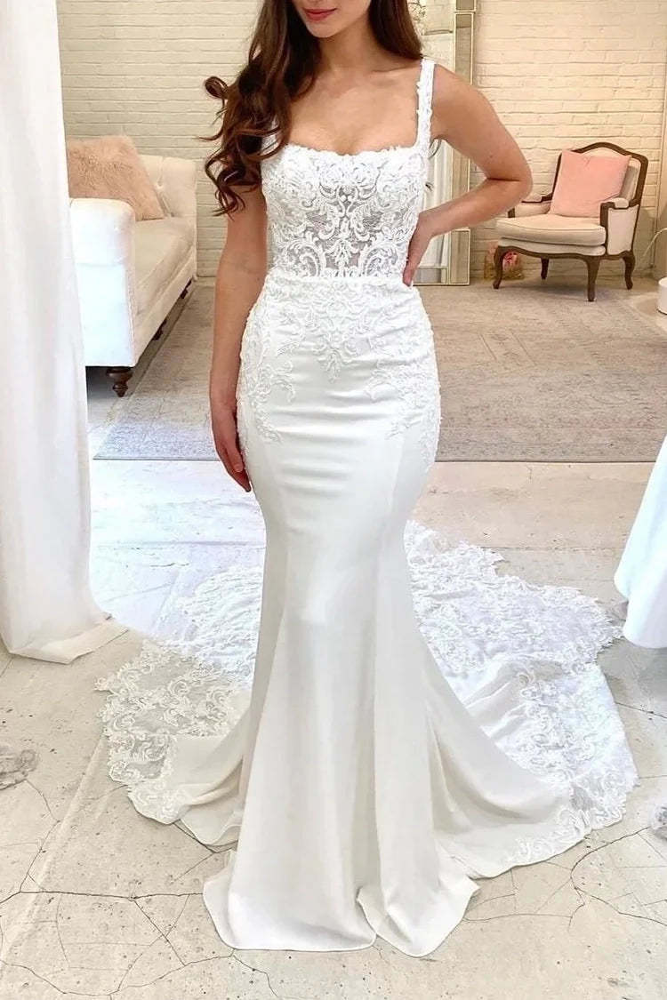 Square Spaghetti Straps Appliques Wedding Dress With Train