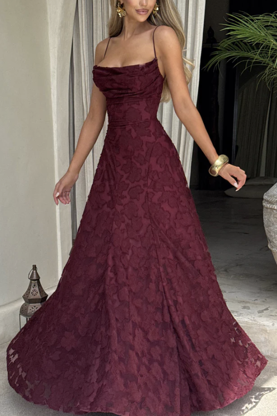 Square Spaghetti Straps Lace Up A-Line Lace Party Prom Dress