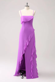 Square Spaghetti Straps Ruffled With Side Slit Bridesmaid Dress