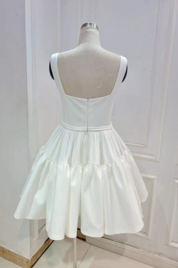 Square Spaghetti Straps Satin A-Line Short Wedding Dress Ivory / US 2 Square Spaghetti Straps Satin A-Line Short Wedding Dress Ivory / US 2