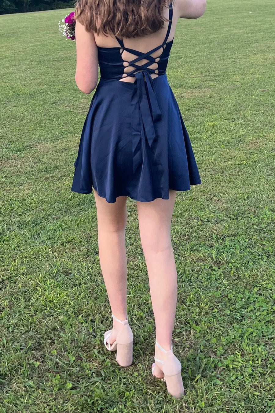 Square Straps A-Line Empire Lace-Up Satin Short Graduation Dress