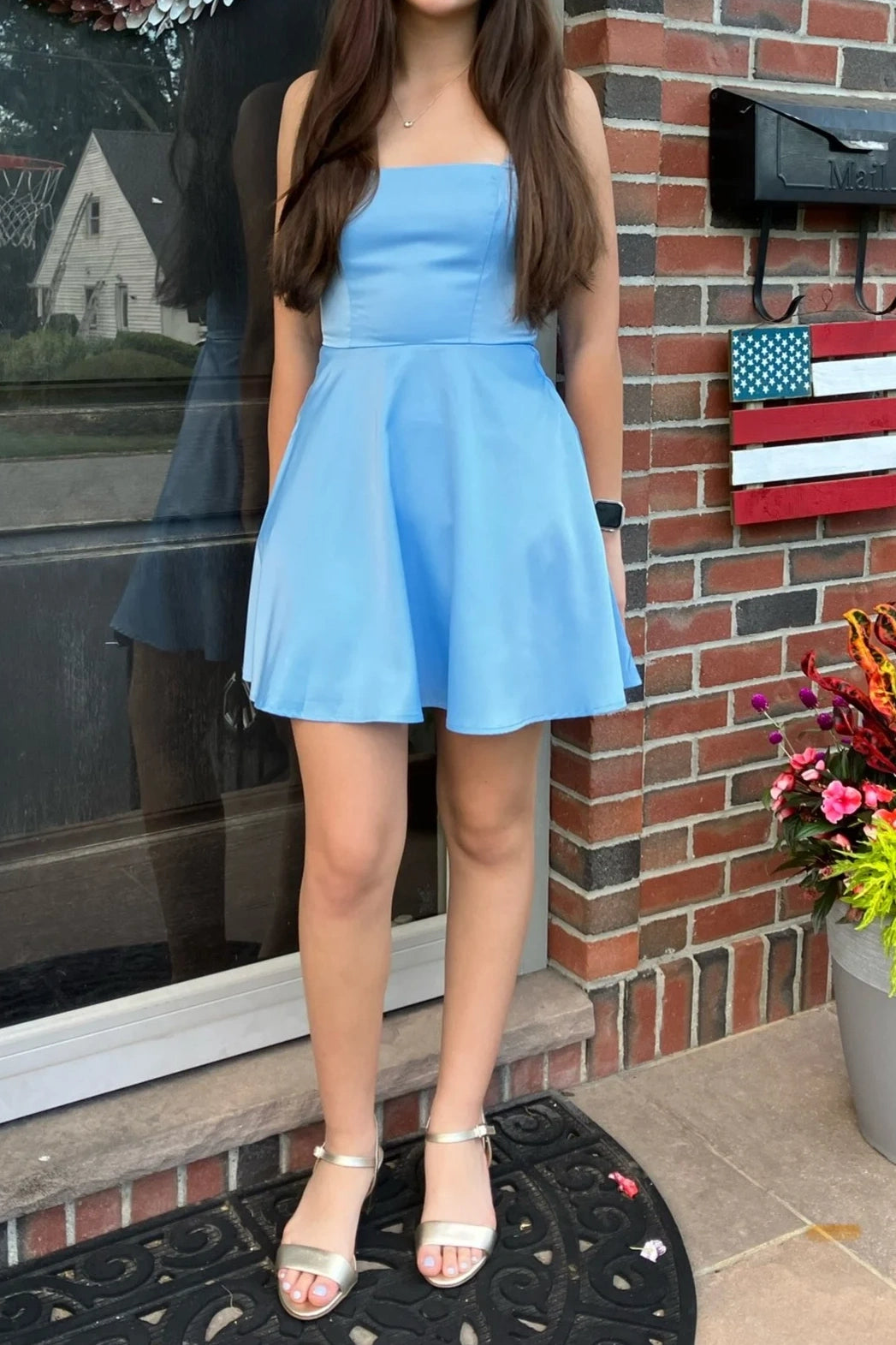 Square Straps A-Line Empire Lace-Up Satin Short Graduation Dress