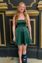 Square Straps A-Line Empire Lace-Up Satin Short Graduation Dress