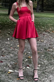 Square Straps A-Line Empire Lace-Up Satin Short Graduation Dress