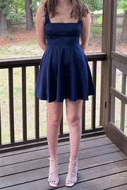 Square Straps A-Line Empire Lace-Up Satin Short Graduation Dress