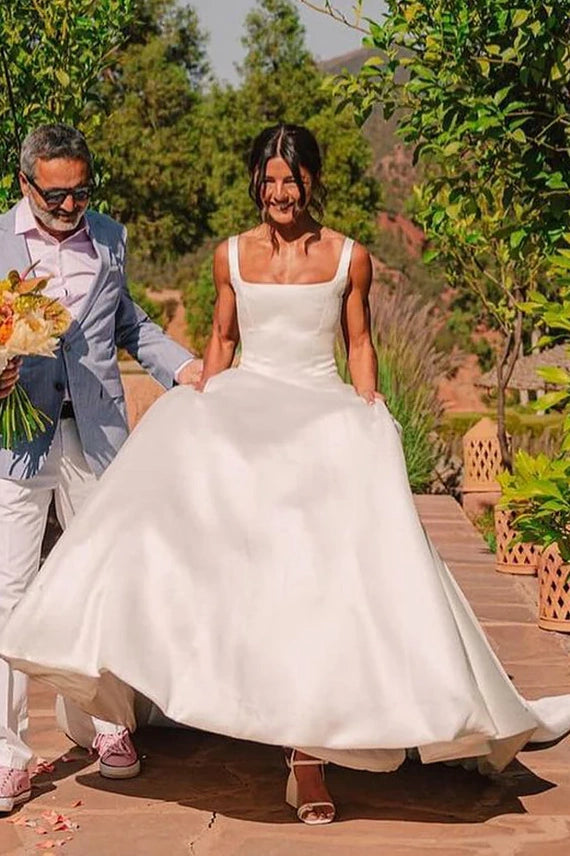 Square Straps Backless A-Line Satin Elegant Wedding Dress