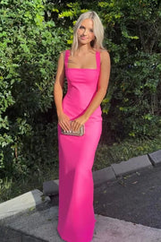 Square Straps Fitted Satin Floor Length Party Prom Dress