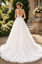 Square Straps Floral Appliques Tulle A-Line Summer Wedding Dress