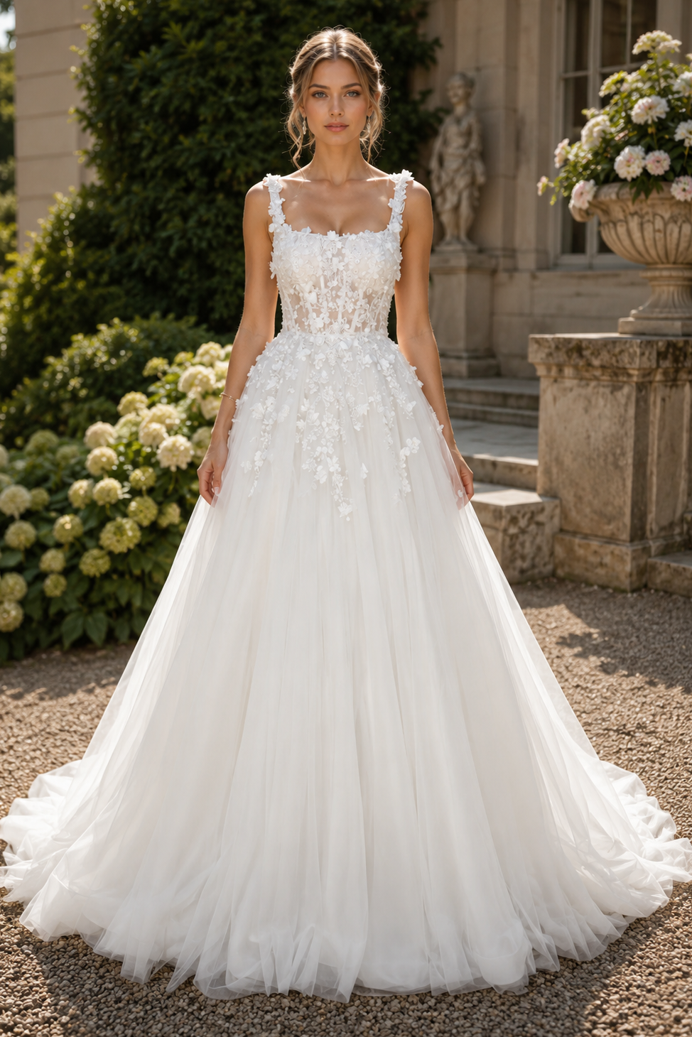Square Straps Floral Appliques Tulle A-Line Summer Wedding Dress