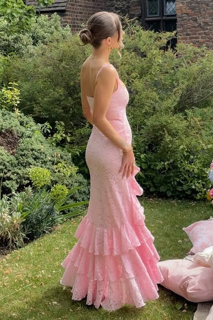 Square Straps Lace Ruffle Split Tiered Maxi Party Prom Dress