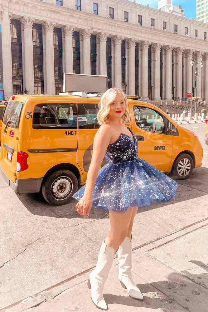 Stars Sequins Mini Beads Starry Long Puff Sleeves Evening V-Neck Homecoming Dress Blue / US 8 Stars Sequins Mini Beads Starry Long Puff Sleeves Evening V-Neck Homecoming Dress Blue / US 8