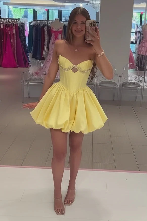 Modest A-Line Beaded Strapless Empire Pleated Homecoming Dress