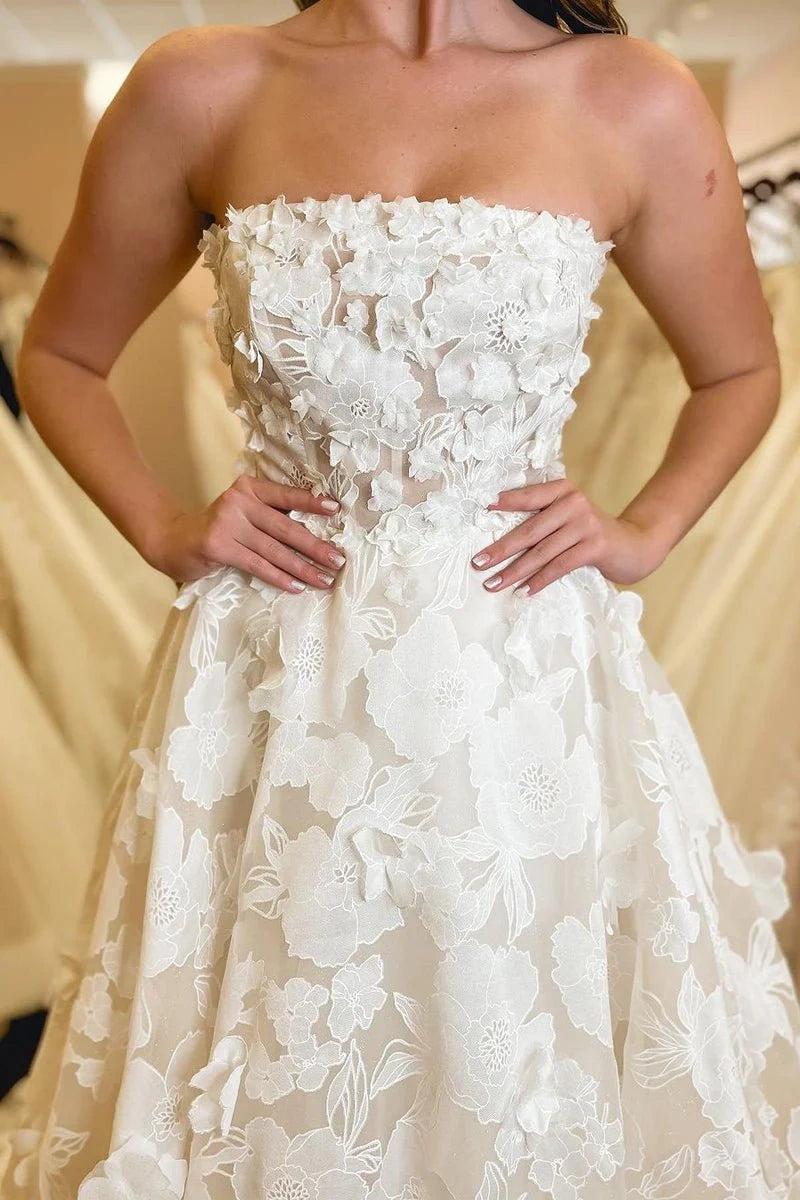 A-Line Strapless Floral Lace Wedding Dresses, Diamond White / 4 A-Line Strapless Floral Lace Wedding Dresses, Diamond White / 4