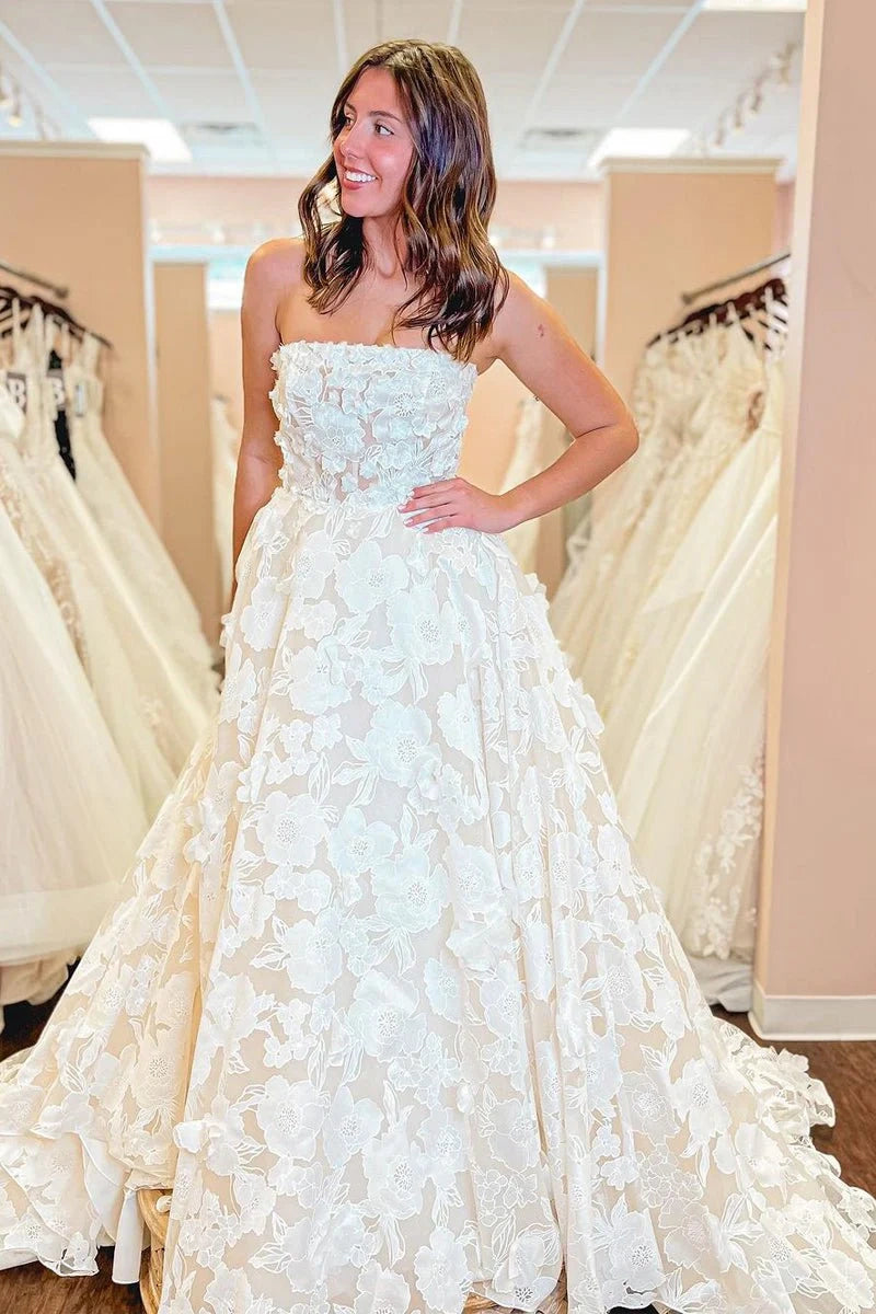 A-Line Strapless Floral Lace Wedding Dresses, Diamond White / 4 A-Line Strapless Floral Lace Wedding Dresses, Diamond White / 4