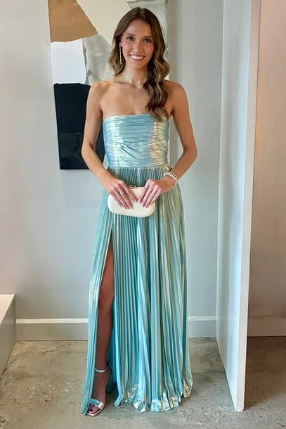 Strapless A-Line Empire Pleated Party Prom Dress With Leg Slit