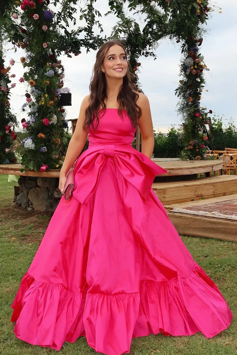 Strapless A-Line Empire Satin Long Party Prom Dress With Bow | Joyofdress