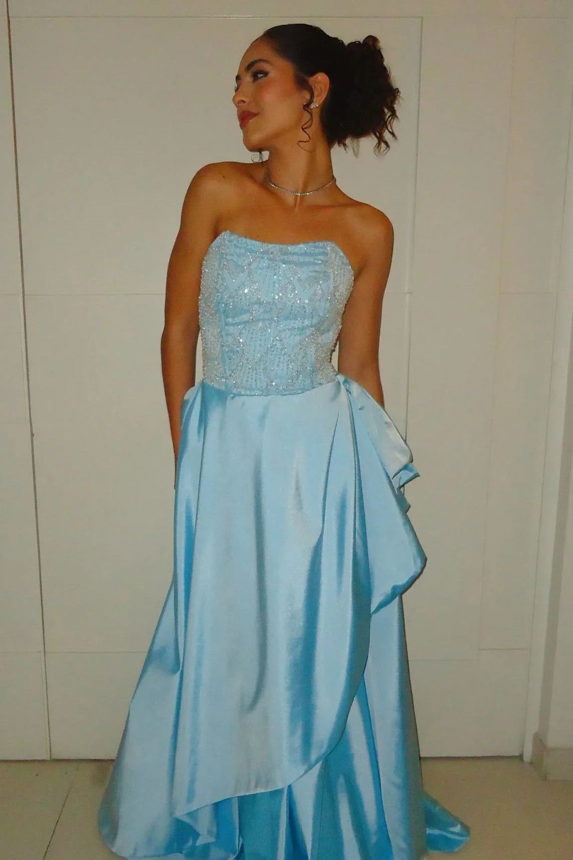 Strapless A-Line High Waist Beaded Ruffle Satin Party Prom Dress