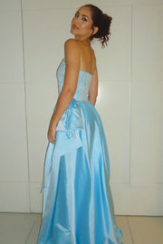Strapless A-Line High Waist Beaded Ruffle Satin Party Prom Dress