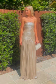 Strapless A-Line Pleated Floor-Length Party Prom Dress 